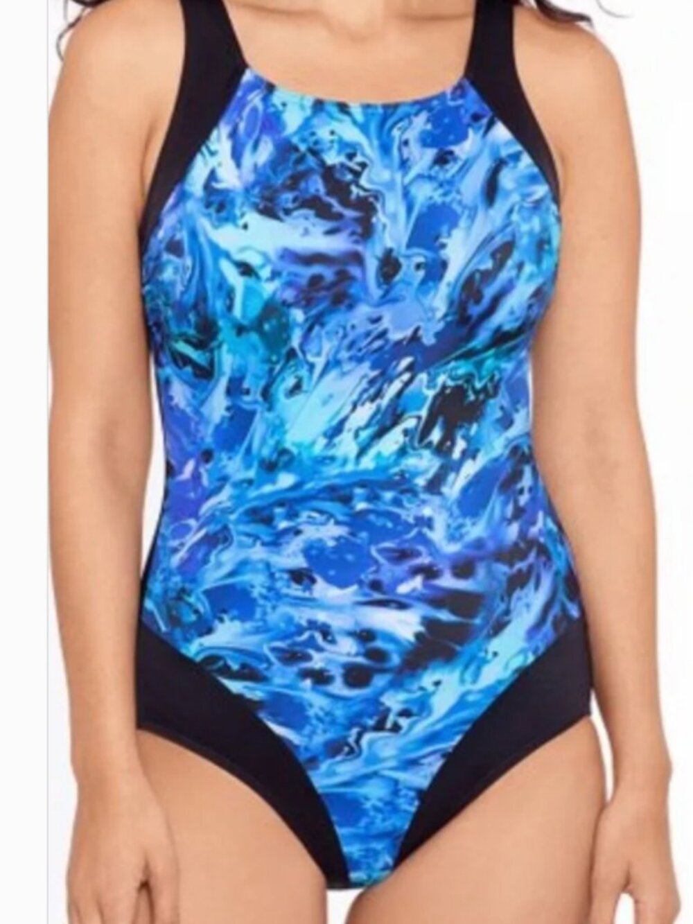 NWT REEBOK SZ 8 blue marble smudge water print. Active U back one-piece tank.